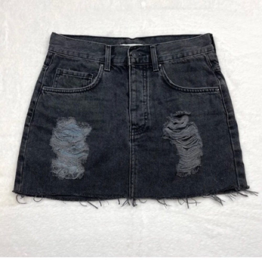 Forever 21 ripped black denim, button fly, raw edge, mini skirt - junior size L